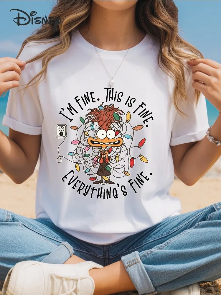 تي شيرت قطني كاجوال فضفاض مناسب من Disney Inside Out Joy مطبوع عليه رسوم كارتونية وياقة دائرية وأكمام قصيرة ملابس يومية ممتعة #2