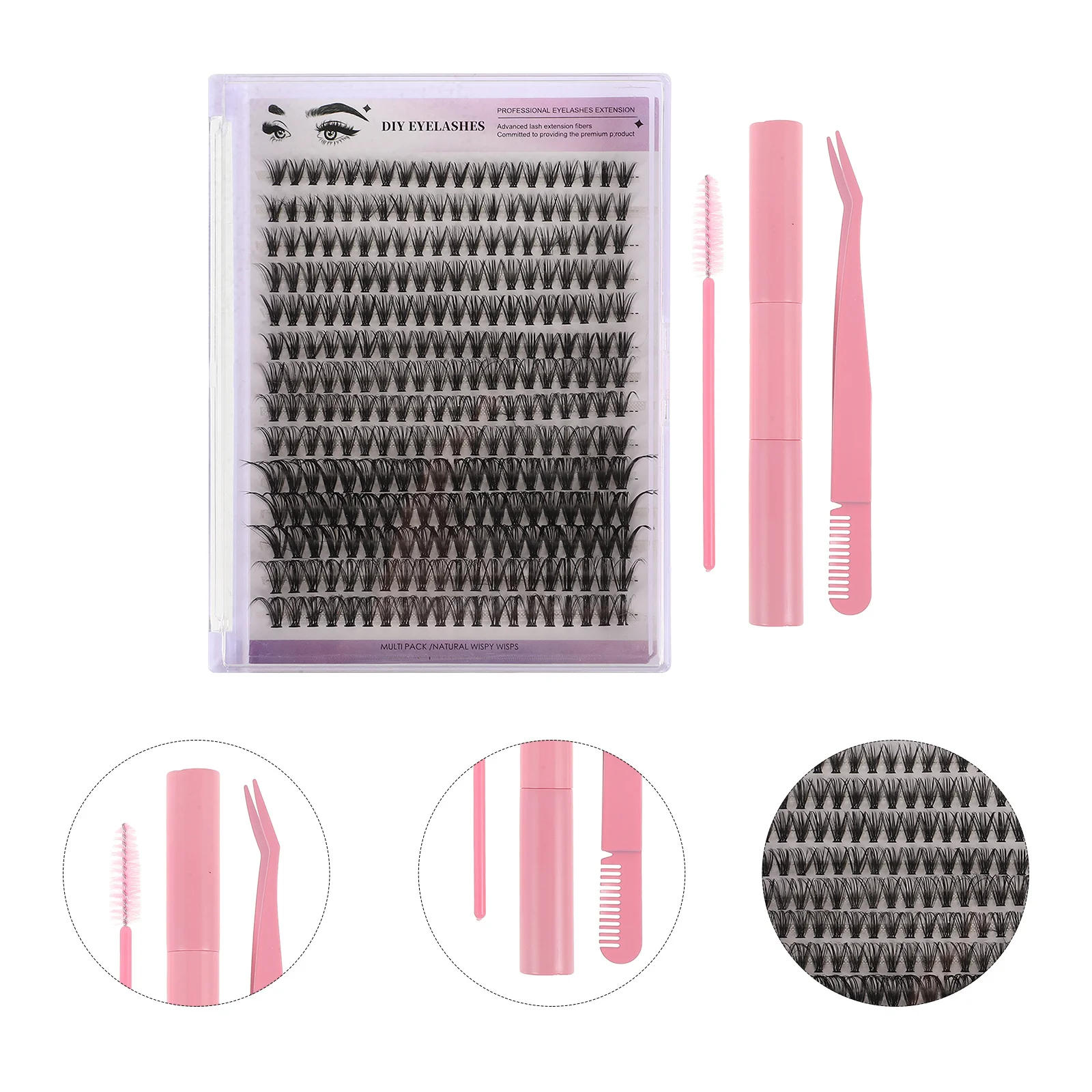 1Sets Cluster Wimpern Extensions Kit DIY Wimpern Verlängerung Werkzeuge Rosa Gebogene Pinzette Wimpern Kleber Entferner Pinsel Individuelle Lash