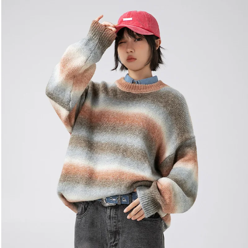 Korean Japanese Style Men's Gradient Satin Dyed Round Neck  Autumn Winter Couple Loose Trendy Brand Sweater