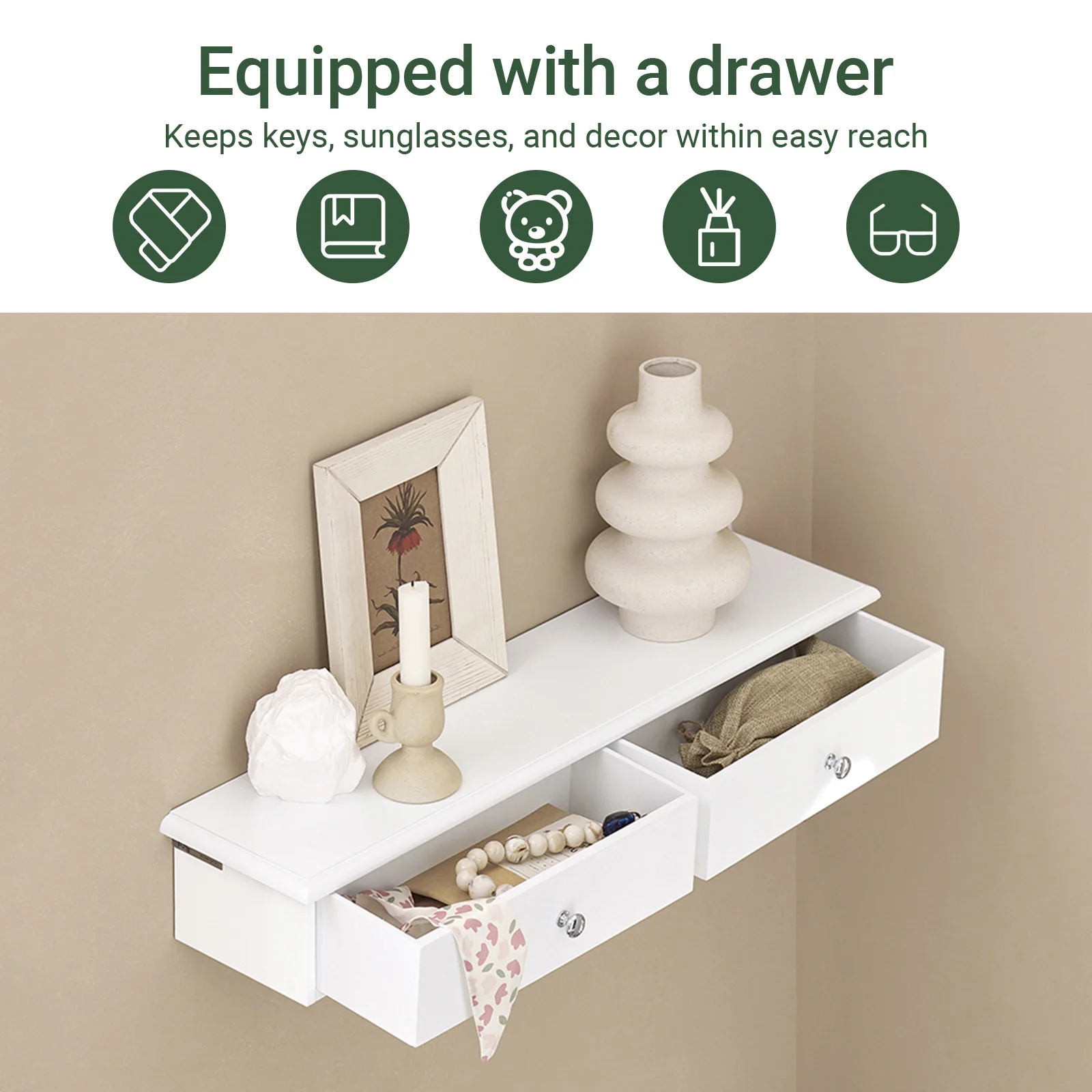 SoBuy FRG43 Wandregal mit 2 Schubladen - Modernes Regal Wand für Flur, Wohnzimmer & Schlafzimmer 64x15x10cm – Detail 6