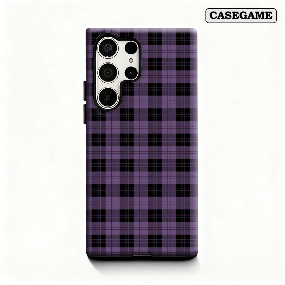 Purple Plaid Phone Case for Samsung Galaxy S25 Ultra S24 S23 Ultra Plus Shockproof Double Layer Back Cover