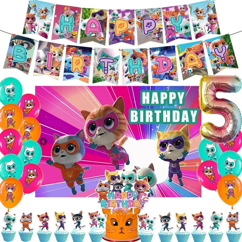 Cartoon Superkitties Birthday Party Decoration Super Kitties Tableware Balloon Cake Topper Party Supplies Baby Shower