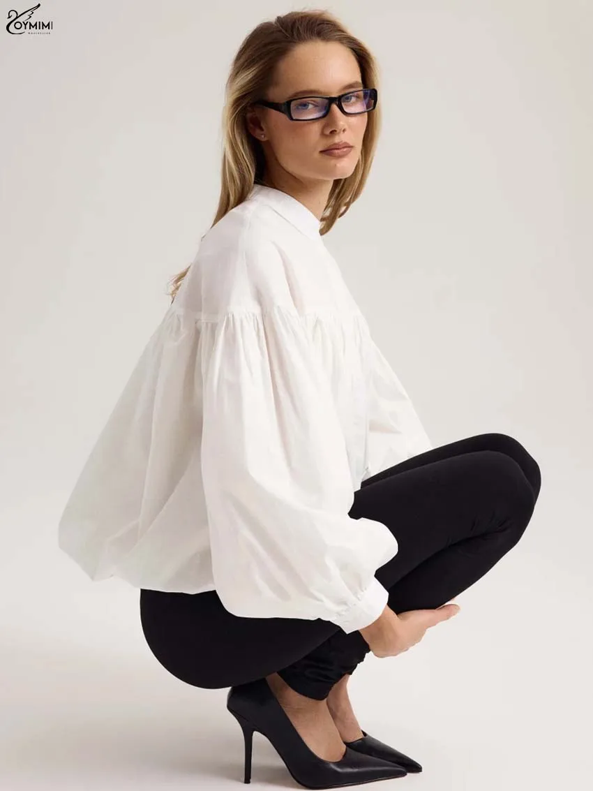 Oymimi Fashion White Loose Women's Shirt Summer O-Neck Puff Sleeve Single Breasted Shirts Casual Pleated Solid Blouse Streetwear