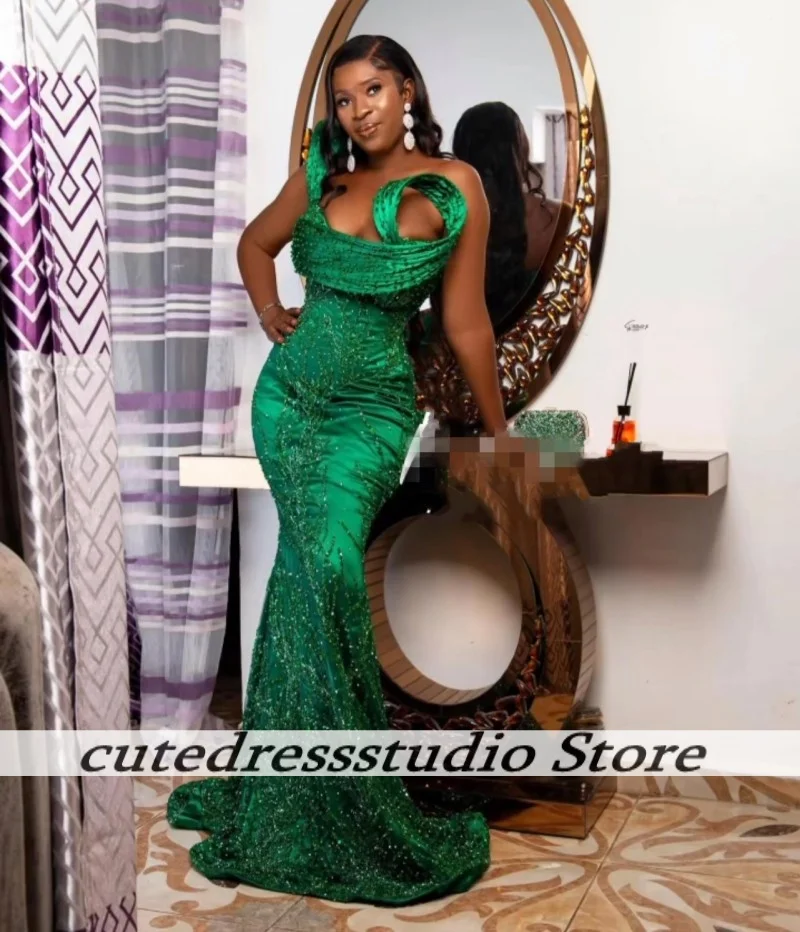 Robes de soirée à volants et perles vertes exquises, longues robes de soirée de mariage sirène, robe de bal, tenue d'occasion formelle personnalisée