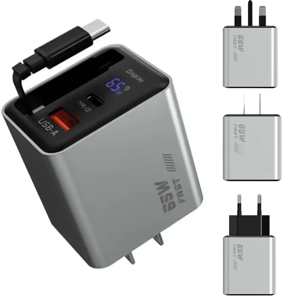 65W GaN Digital Display Charger Retractable Cable USB Type C PD Fast Charging For IPhone 15/14 Multi-Protocol Power Adapter