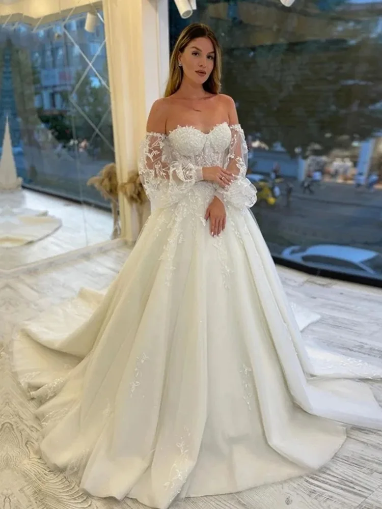 Elegant Strapless Wedding Dresses  Detachable Puffy Sleeves appliques Lace up Back Boho Bridal Gown Vintage Robe