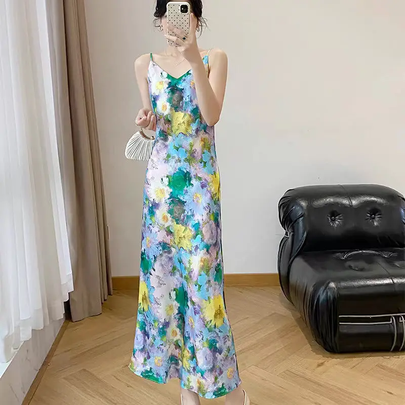 

Elegant V-Neck Printed Floral Vintage Slip Dress Female Clothing Summer New Loose Office Lady Sleeveless Dresses