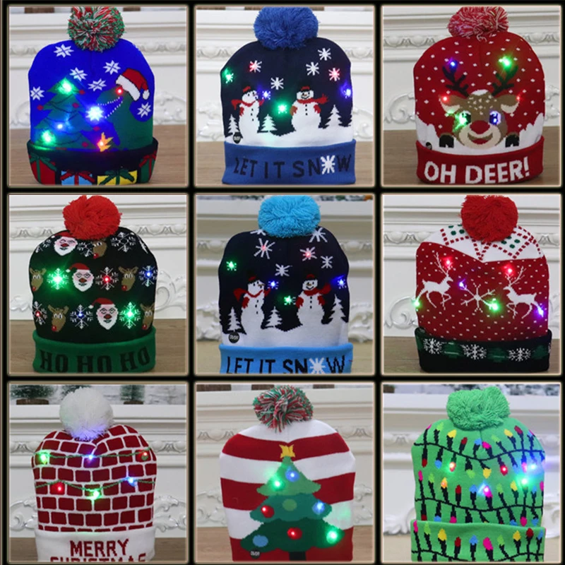 Natale LED Light Up beanie Hat Knit luminous Christmas Cap Holiday Funny LED berretto lavorato a maglia per ragazza boy Christmas props