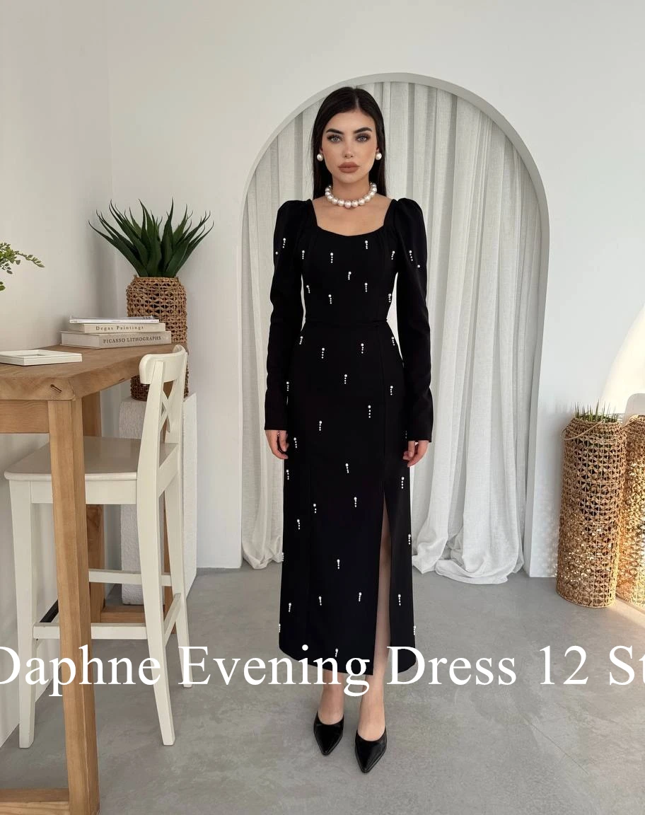 Customized Temperament Square Collar Long Sleeves Pearls Evening Dresses Graceful Pleats Black Vestido De Noche Vestido De Festa