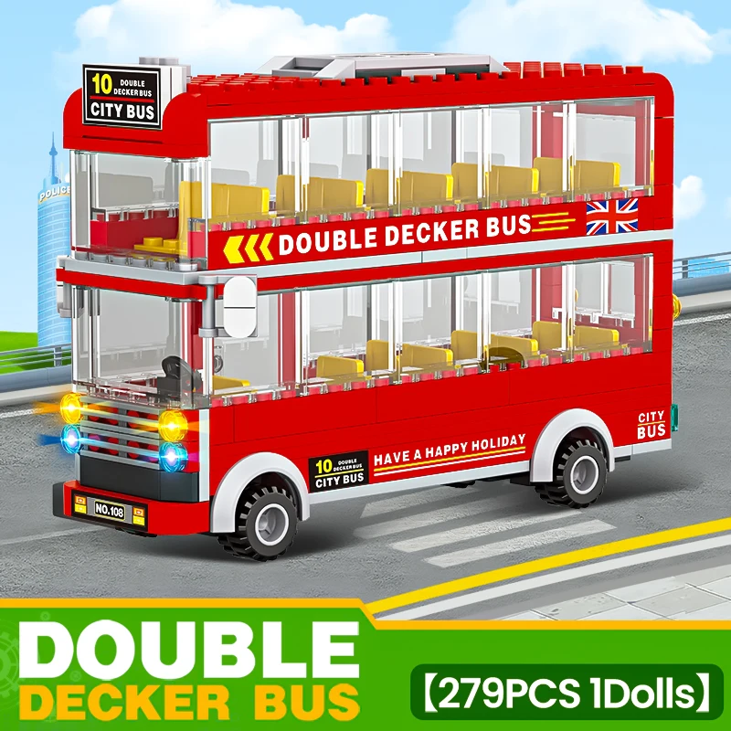 Double decker Hong Kong red bus sightseeing passenger coach fit together building block for boys and girls puzzle bus toy car