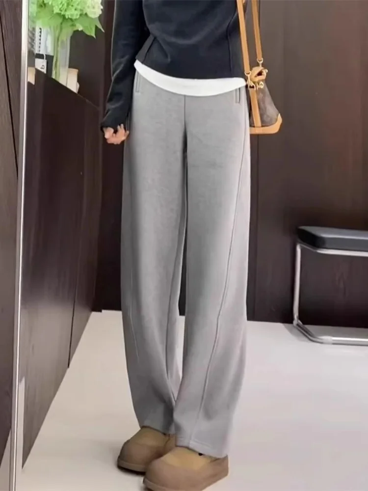 Light Grey Sports Loose Women's Banana Pants High Waist Straight Leg Commute Style Trousers for Autumn Winter Casual Wear