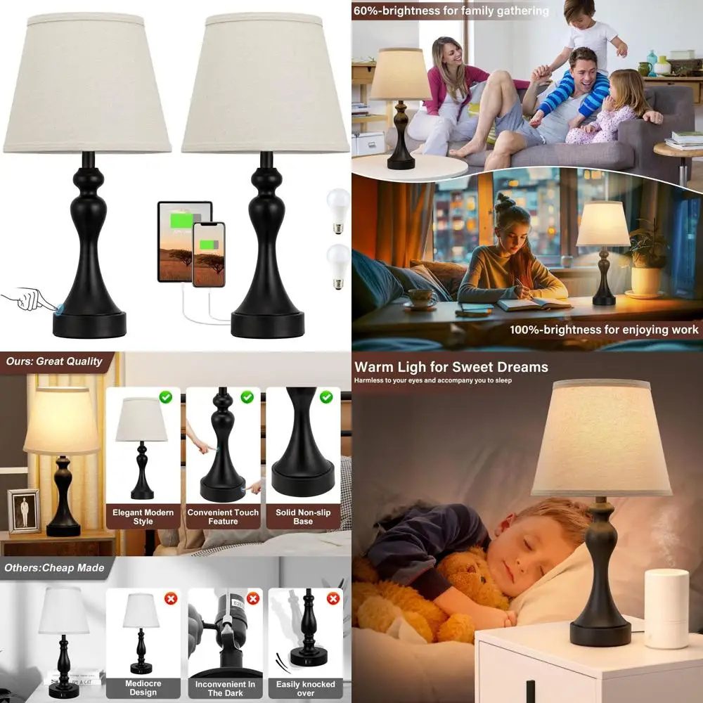 

2-3 Piece Dimmable LED Touch Bedside Lamp Set with USB Ports and Included Bulbs for Bedrooms and Nightstands