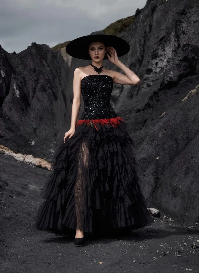 

Black Sequins Prom Dress Red Feather Sexy Sleeveless Hot Girl Long A Line Party Gown Formal Wedding Guest Birthday Evening Robe