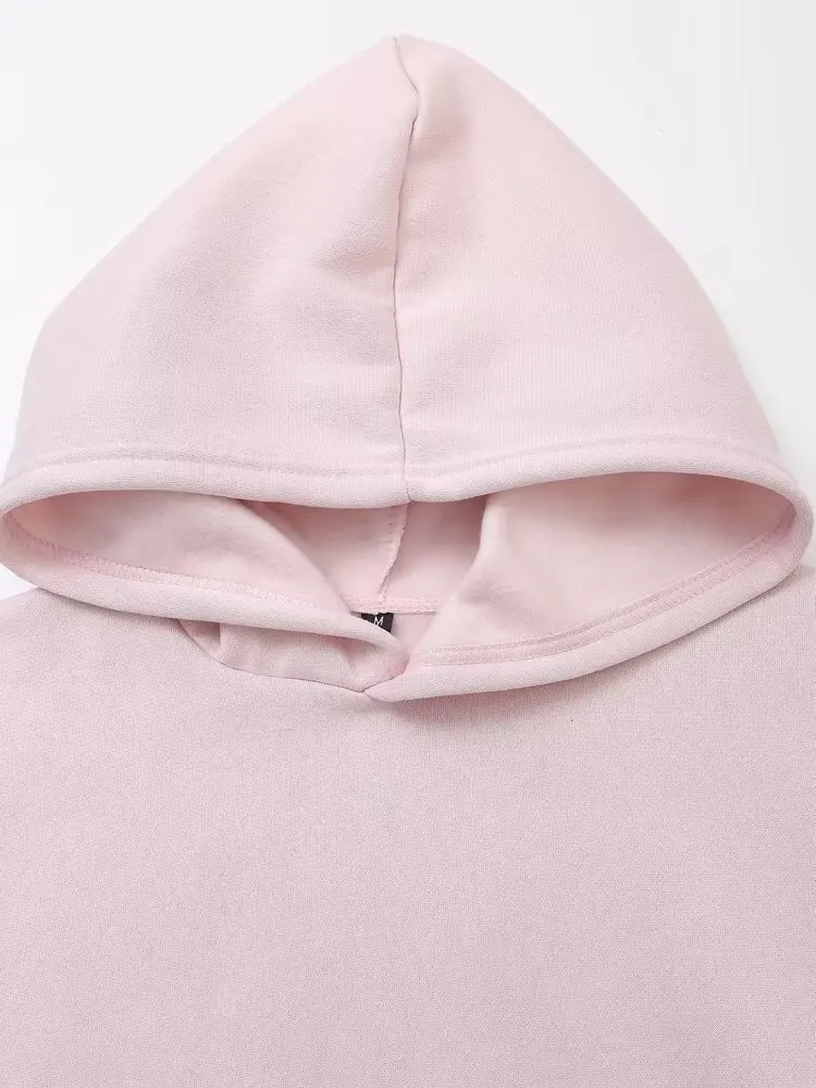 Dave&Di American Retro College Style Solid Color Hooded Pullover Casual Round Neck Sweatshirt Women Tops