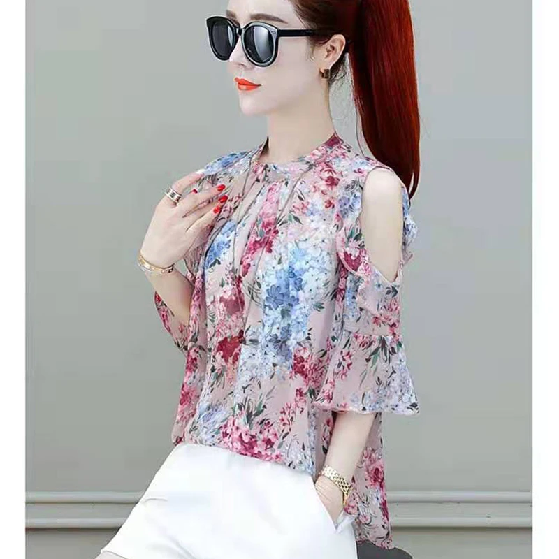 Fashion Printed Off Shoulder Flare Sleeve Floral Blouses Women Clothing 2024 Summer New Loose Elegant Tops Office Lady Shirts