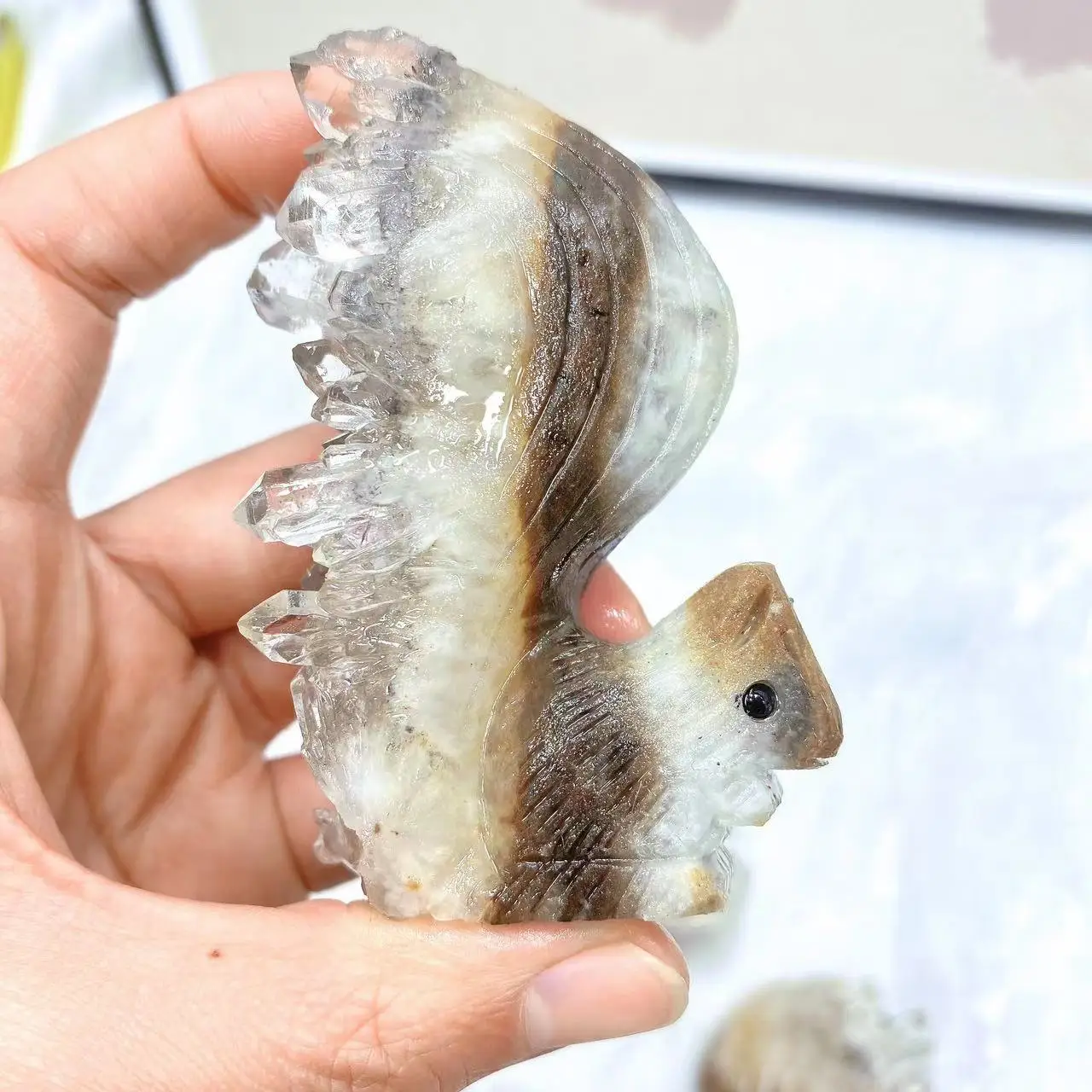 1PC Squirrel Crystal Clear Quartz Citrine Cluster Hand Carved Statue Energy Healing Home Decor Animal Figurine Ornament Gift