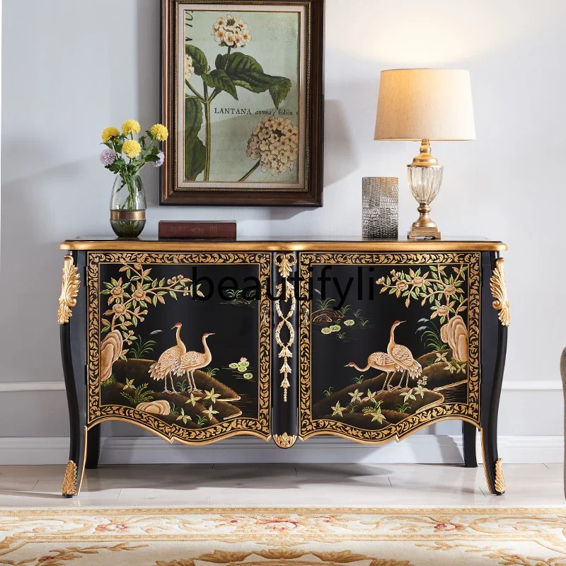 

Light luxury foyer cabinet French living room black painted side cabinet large capacity locker solid wood6239