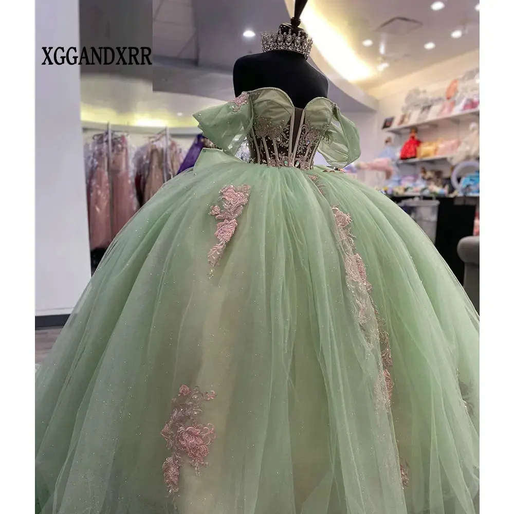 Light Green Sweet 16 Dress Illusion Beading Crystal Ball Gown Quinceanera Dresses Pink Appliques Bow Corset Vestidos De 15 Años