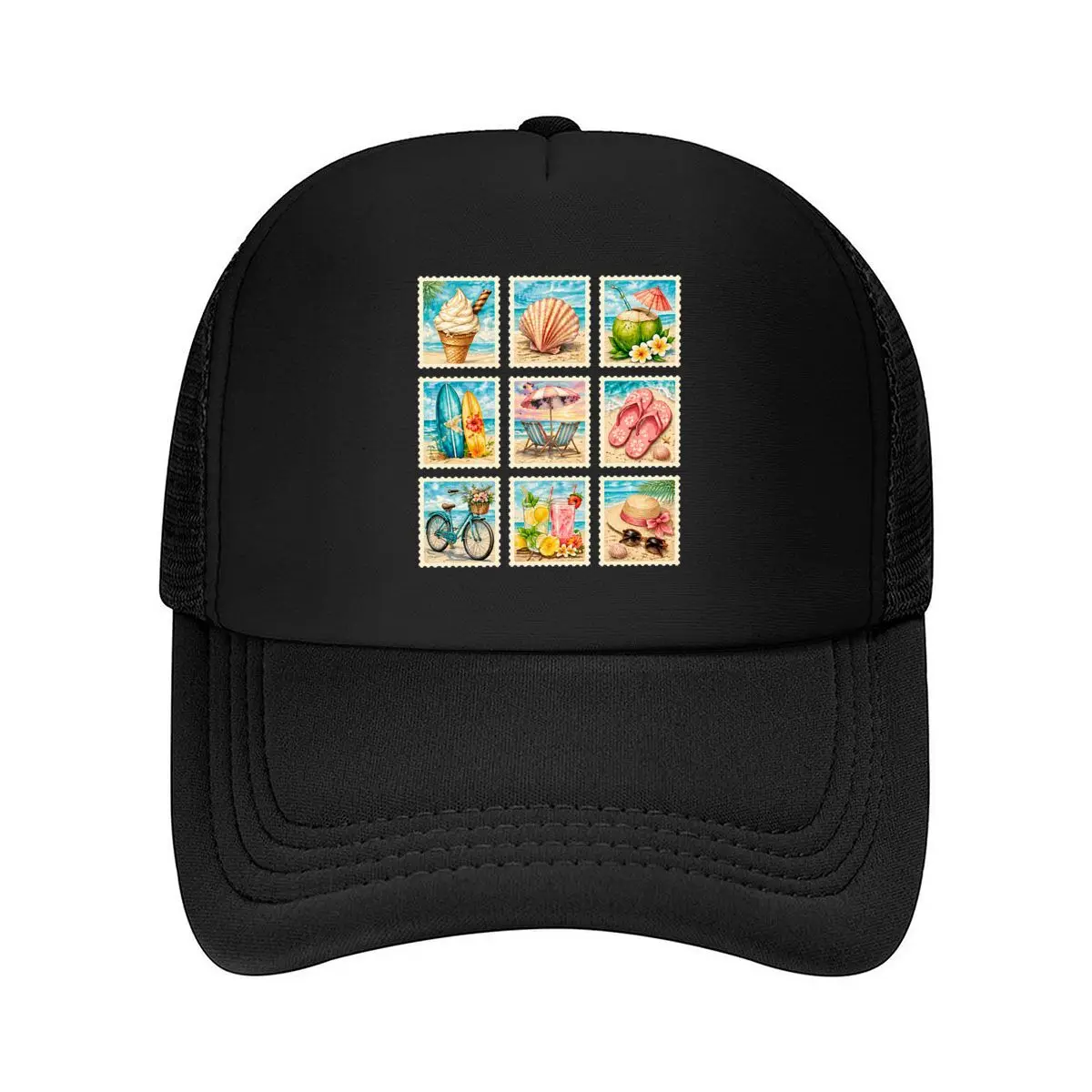Watercolor Ocean Beach Seashell Coconut Surfboards Bicycle Citrus Drinks Sandals Sunglasses Mesh Baseball Cap Hip Hop
