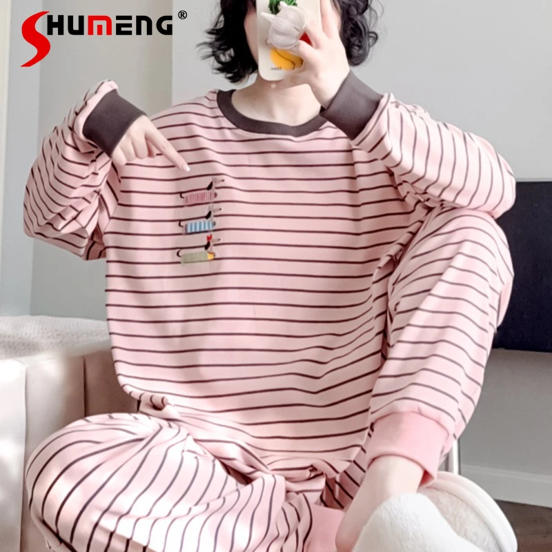

Simple Cartoon Striped Pajamas for Women Pure Cotton Spring Autumn Cute Underwear Lady Loose Casual Wearing Outside Homewear Set