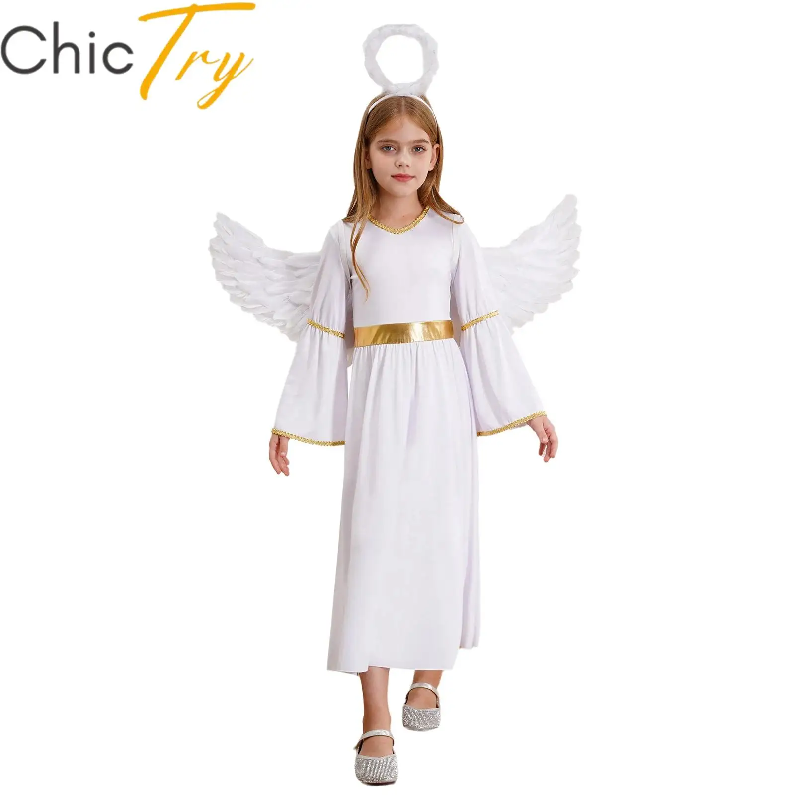 3Pcs Girls Angel Halloween Cosplay Costume Greek Princess Dress with Angel Wings Headband Wand Set Carnival Roleplay Dress Up