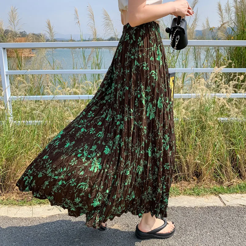 

Coigarsam Women Skirt Summer 2024 Office Lady Korea Style Patchwork Floral Print Folds High Waist Black Green Skirts