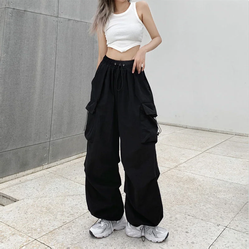 السراويل النسائية الفضفاضة الرجعية مريحة الإناث الصلبة Harajuku الشارع BF شيك جيوب غير رسمية عالية الخصر Ins للجنسين العصرية الخريف نمط البضائع