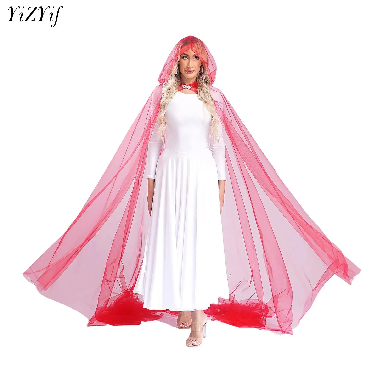 

Hooded Mesh Bridal Cloak with Long Train Vintage Closure Long Cape Robe for Wedding Halloween Witch Cosplay Performance Props