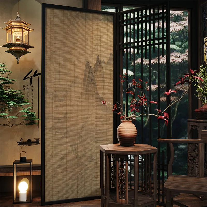 antique landscape screen partition living room entrance tea room solid wood folding screen foldable mobile blocking balcony