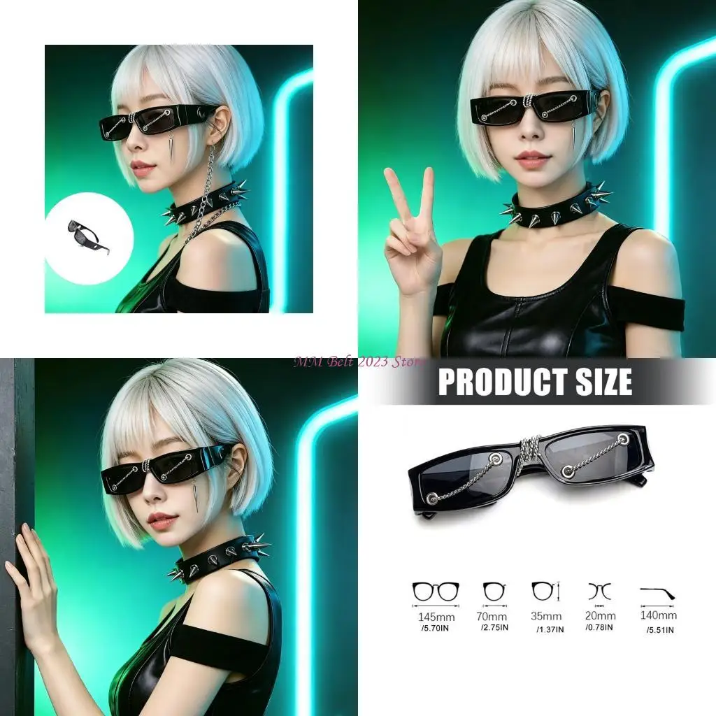 49ME Subculture Square Sunglasses With Punk Chain Rivet Charm Decors For Street Wear And HipHop Dancer Fashion Styling