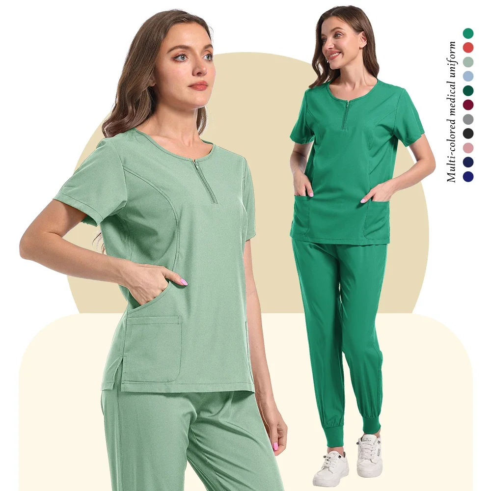 Round neck zipper medical wear Women's scrub wear Solid color operating room set Elastic scrub set can be customized