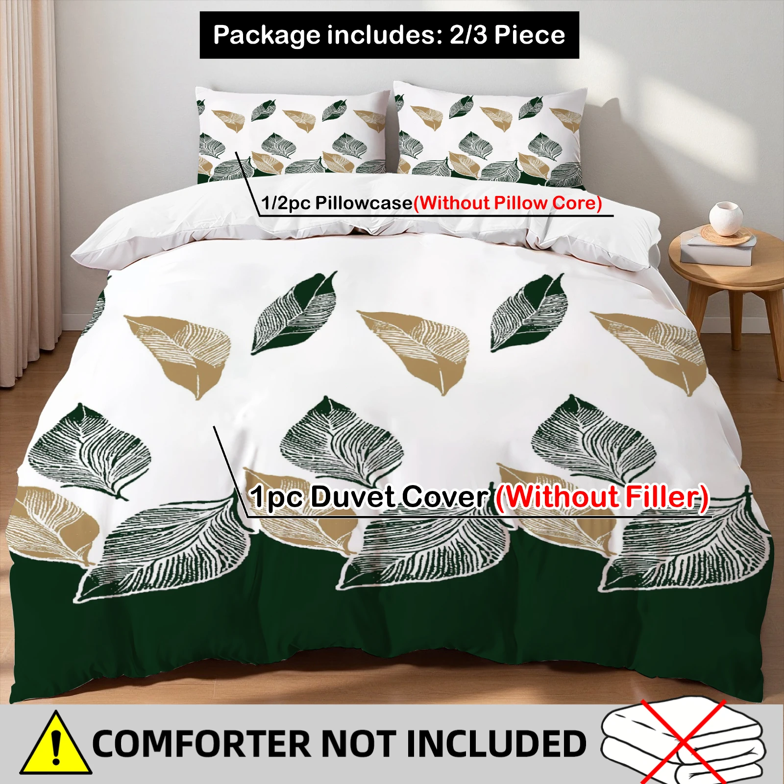 Nordic Leaf Duvet Cover Set 3Pcs White Green Gold Print Bedding Set With 2 Pillowcases No Filling Soft Microfiber All Sizes