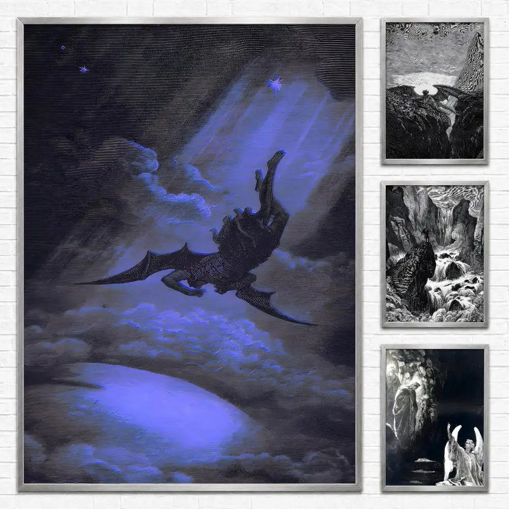 Gustave Dore Paradise Lost Satan Poster Self‑Adhesive Waterproof PP Poster Coffee House Bar Wall Art Sticker Room Home Decor