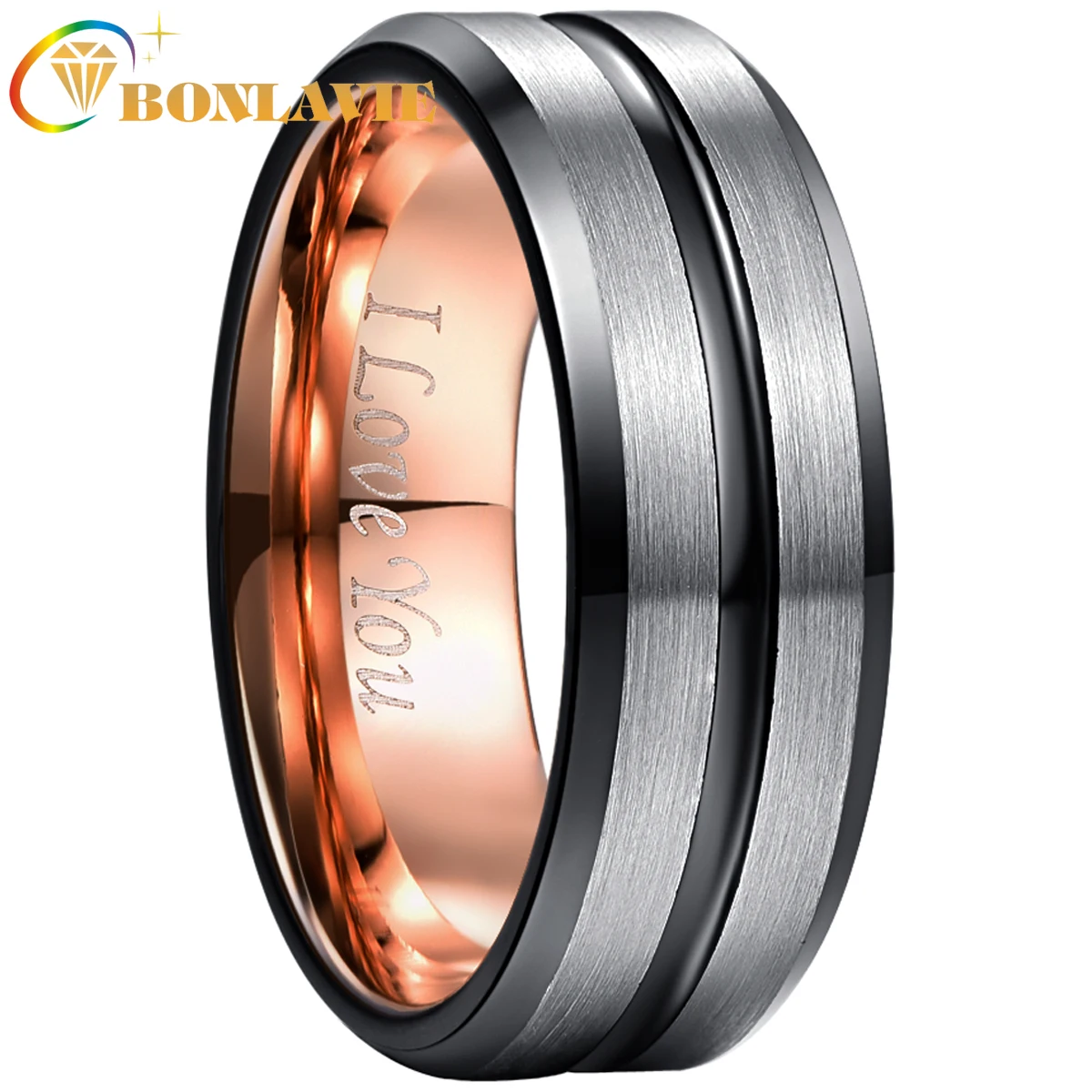 

BONLAVIE 8mm Tungsten Carbide Ring RoseGold Inner Ring+ Black Bevel Groove/steel Frosted Surface Tungsten Steel Ring