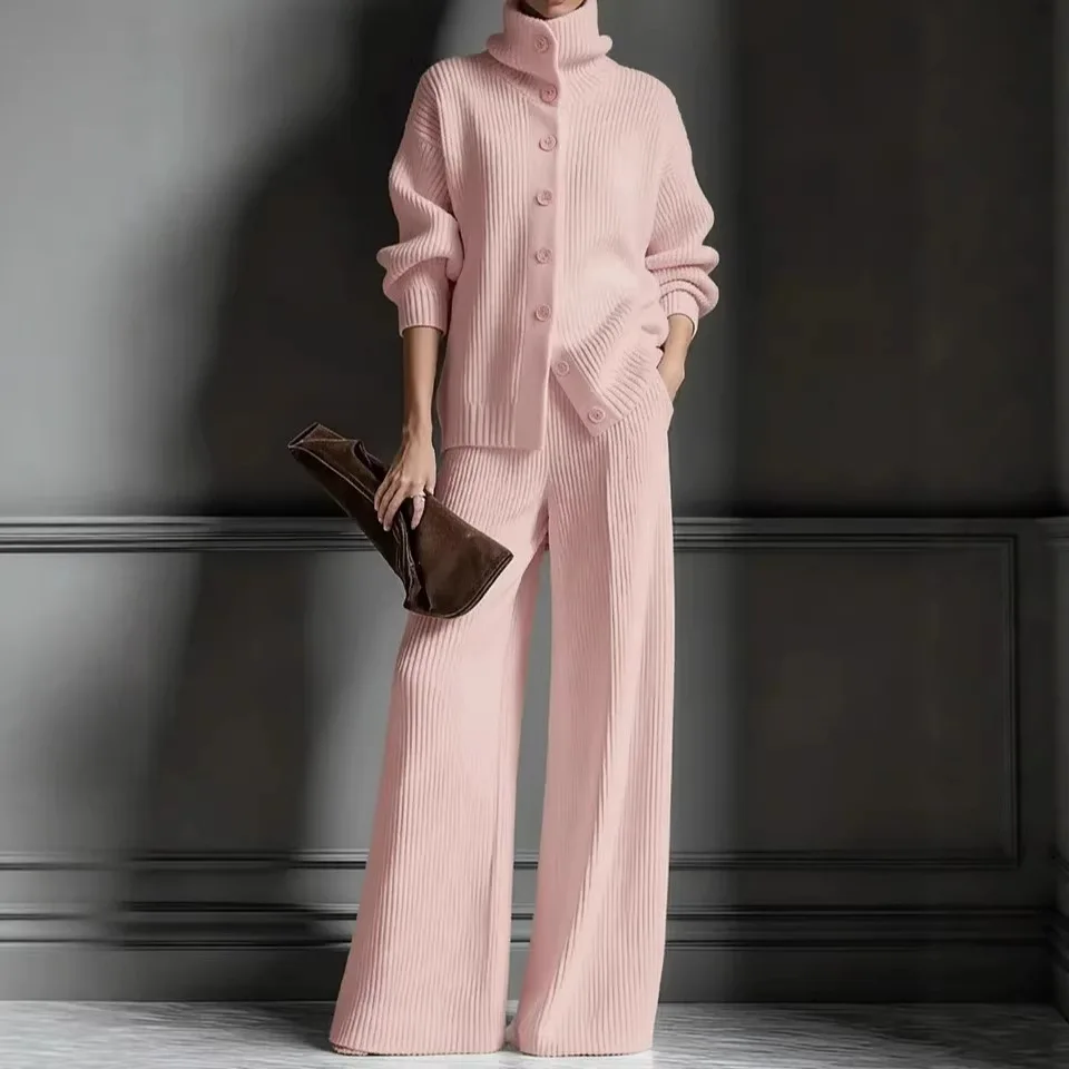 Lady Simple Slim 2 Piece Fashion Turtleneck Long Sleeve Knitted Sweater&Pants Sets Autumn Winter Solid New Commute Warm Outfits