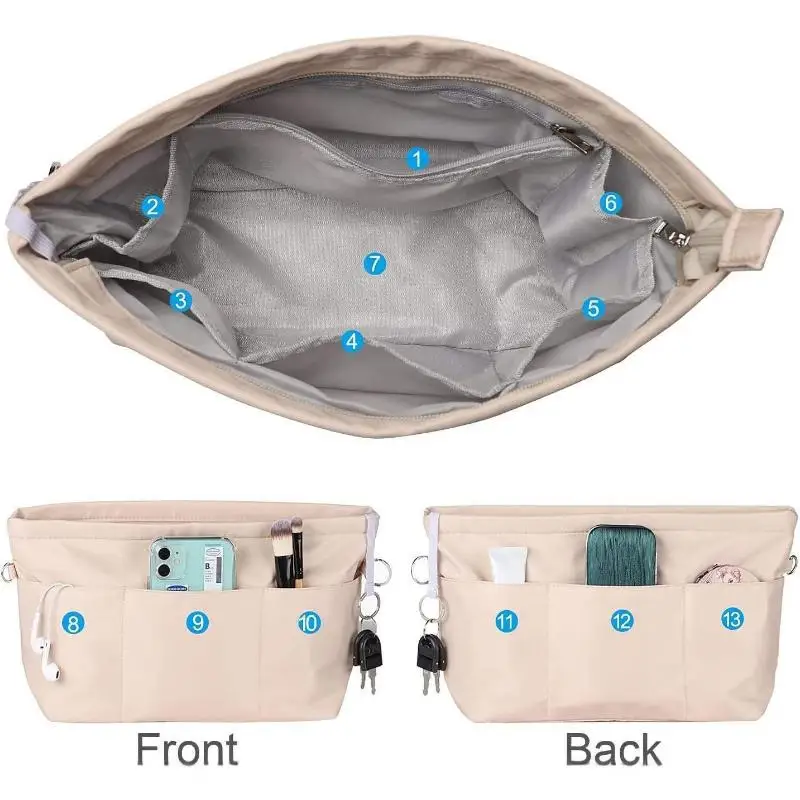 Vintage Kosmetik-Organizer-Einsatztasche mit Reißverschluss, mehrere Taschen, einfarbig, multifunktionale Tasche für Damen – Detail 4