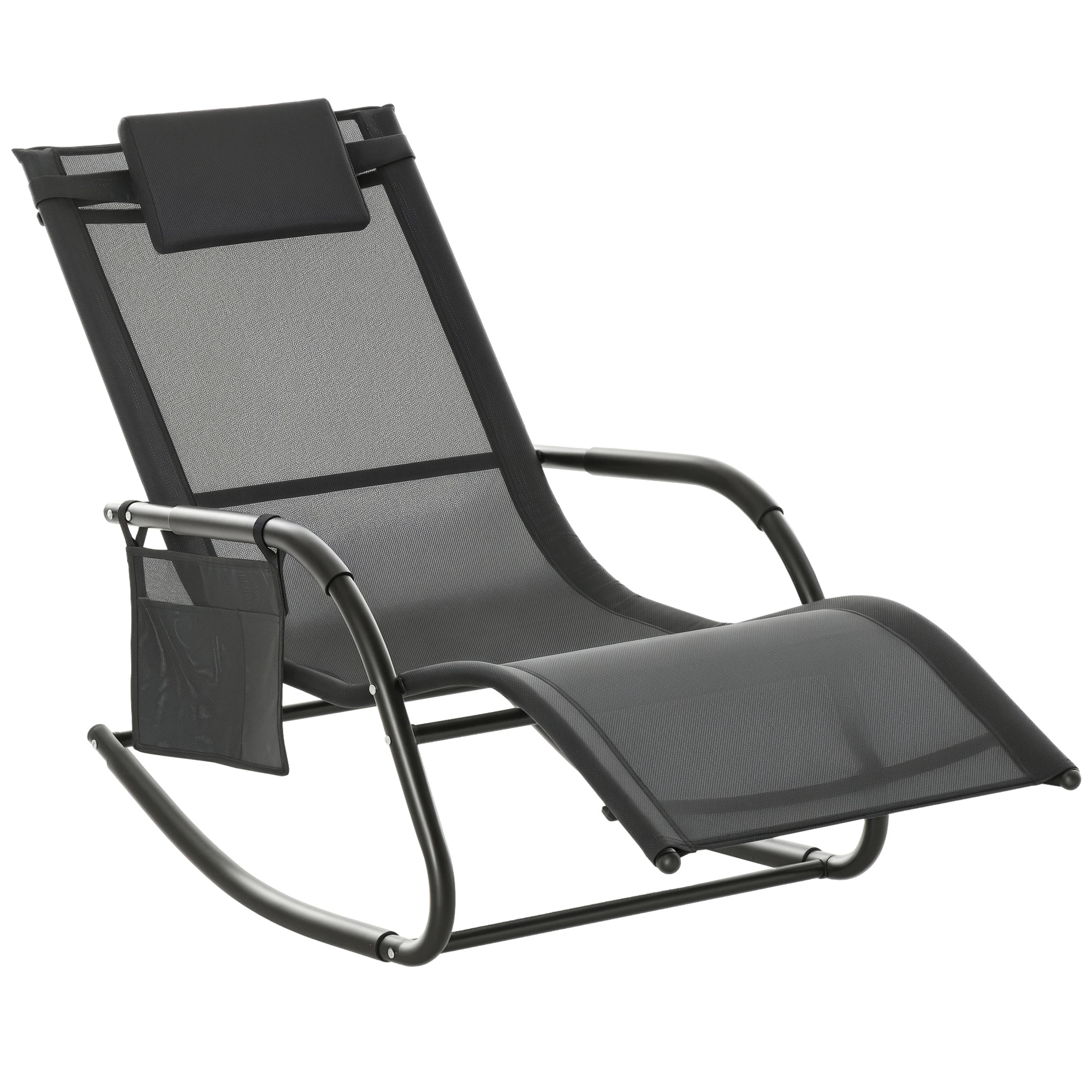 Outsunny Mecedora de Exterior con Reposabrazos y Bolsillo Lateral Negro