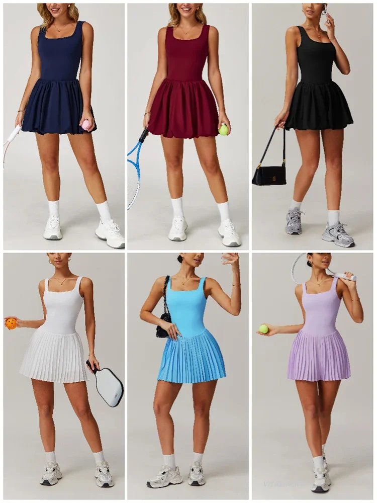VITALINOVO Workout Tennis Dress with Built in Shorts Square Neck Padded Workout Dress with Pockets Golf Athletic Mini Dresses