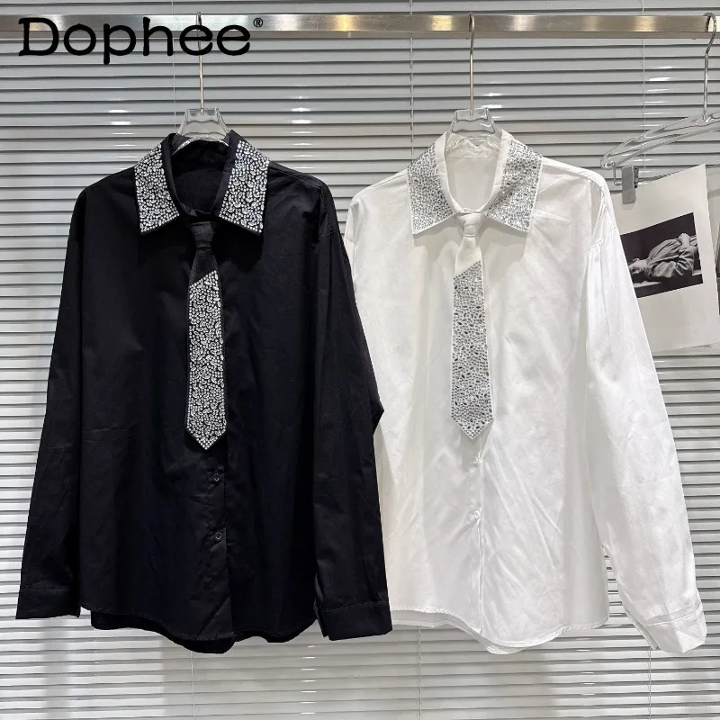 

Новая модная женская блузка с длинным рукавом, свободного кроя, с крупными стразами, весна 2026, в стиле «свободная крутость»