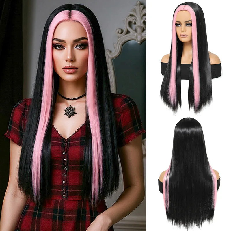 Cross border European and American women's color blocked long straight Halloween wig and headband-Synthetic fiber wig
