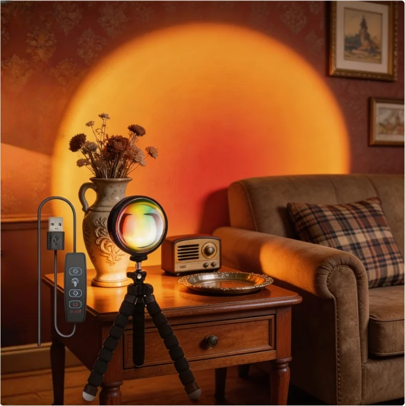 Sunset Lamp Projector with Stand, Amber Golden Hour Light, 3-Button Cord Control, 360° Rotation LED Night Light, Room Decor Gift