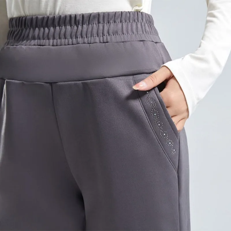 女性用ぬいぐるみストレートレッグパンツ,パッチワーク,ハイウエスト,ポケット,単色,厚く,ゆったりとした伸縮性,ファッショナブル,秋冬