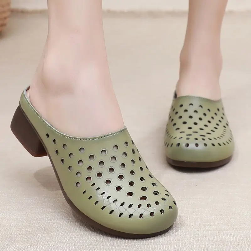 

Women's Green Cutout Vamp Comfortable Slip On Open Back Mule Clogs Ladies Genuine Leather Low Heels Woman Hollow Out Mules Shoes