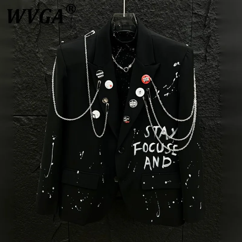 

WVGA Spring Autumn New Man Tide Graffiti Letter Padded Shoulder Blazer Niche Chic Casual Metal Chain Suit Jackets Ins Y2K W10342