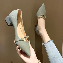 Square Heels Pointed Toe Metal Decoration Green with Medium Ladies Footwear Chunky Women's Shoes A Elegant Dress Non Slip Trend