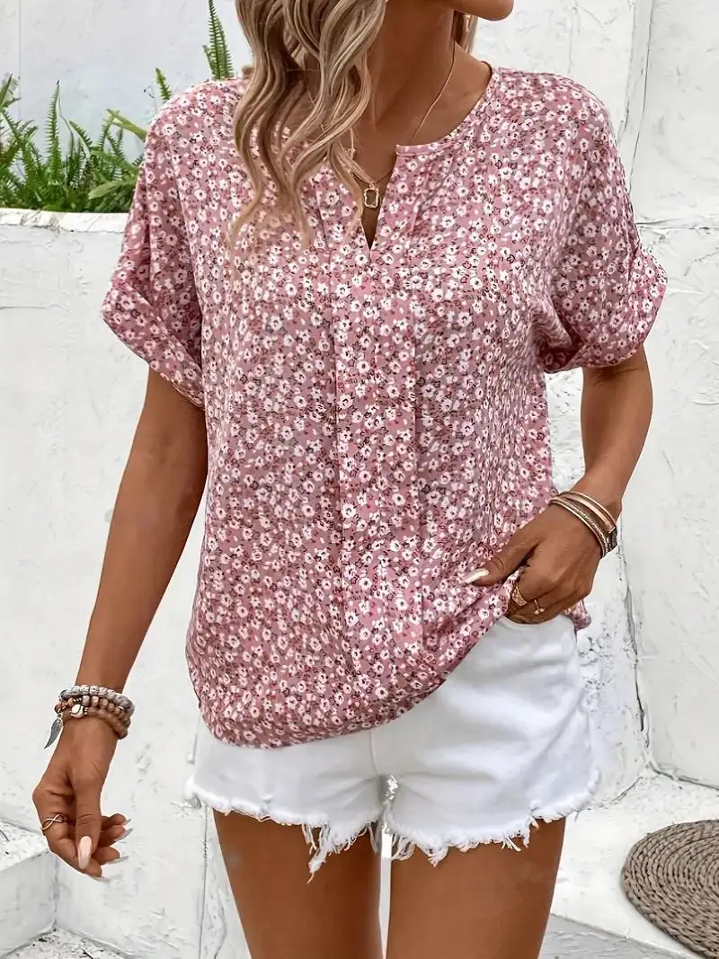 Ditsy Floral Print Notched Neck Blouse Casual Short Sleeve Blouse For Spring  Summer Women\'s Clothing