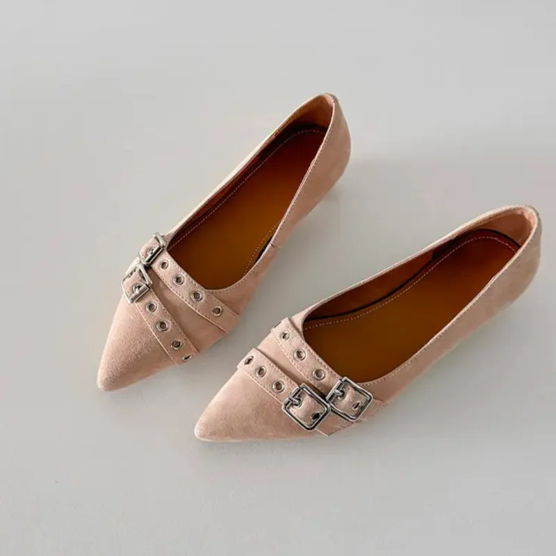 

French Simple Style Pointed Toe Single Shoes Women's Shallow Mouth Metal Buckle Wedge Heel Temperament Versatile Shoes