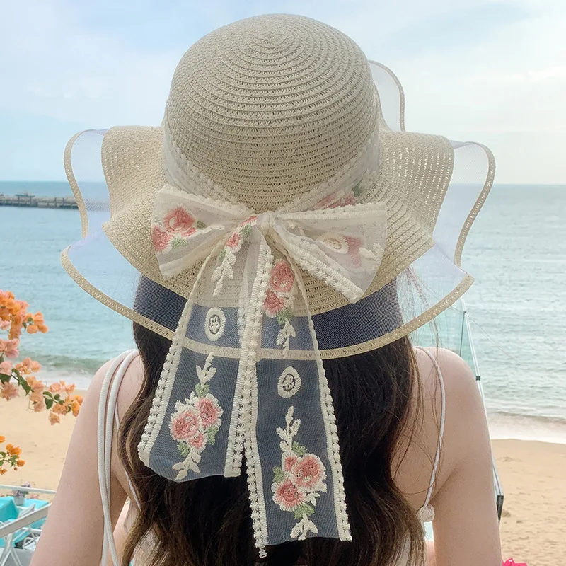 Straw Hat Lace up Grass Knitted Hat Women's Summer outing Sun Protection Beach Beach Beach Sun Hat Lace