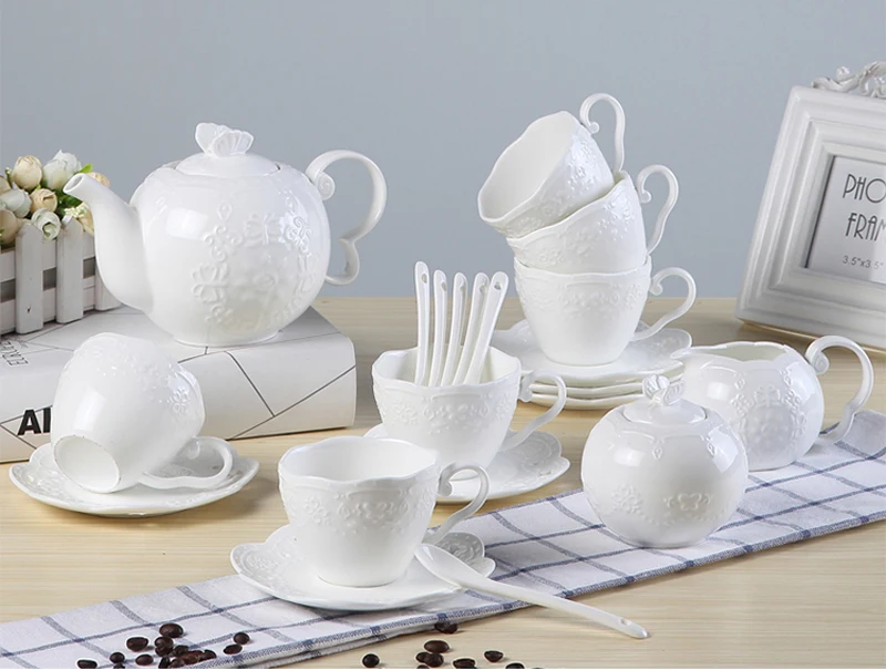 21pc set, white embossed porcelain vintage coffe set, palace court tea set, nespresso cup, english tea set, coffee gift service