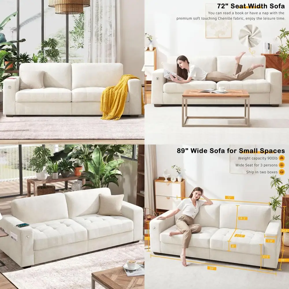

Medium-Firm Seat Sofa for Small Spaces with Removable Cover, Wide Armrests, USB/Type-C Ports, Chenille Fabric